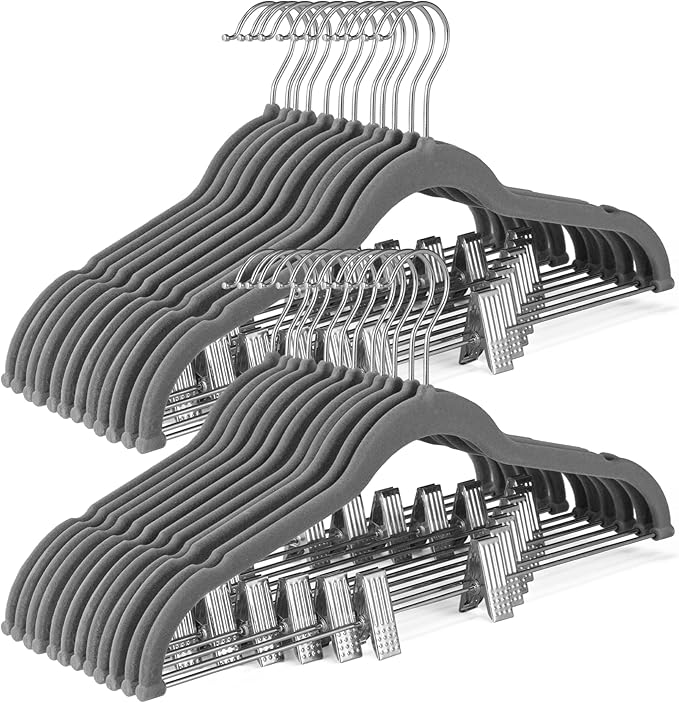HOUSE DAY Velvet Skirt Hangers 24 Pack, Gray Hangers with Adjustable Clips, Space Saving Slim Velvet Pant Hanger, Heavy Duty Non Slip Clip Hanger for Pants, Skirts, Shorts