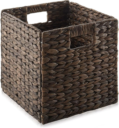 Casafield 10.5" x 10.5" Water Hyacinth Storage Baskets, Espresso - Set of 6 Collapsible Cube Organizers, Woven Bins for Bathroom, Bedroom, Laundry, Pantry, Shelves