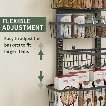 Over The Door Organizer，8-Tier Over The Door Pantry Organizer with Adjustable Baskets，Metal Hanging Pantry Organizers and Storage for Kitchen, Back of Door Seasoning Rack (Black)