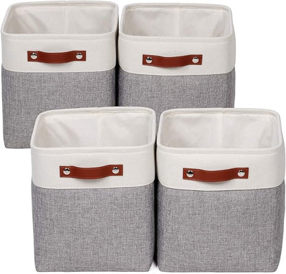 Univivi 10.5 Inch Fabric Cube Bins with Hard Bottom, 4 Pack Storage Baskets with PU Handles for Shelves Closet Foldable Storage Bins for Organizing (Gray,10.5" x 10.5" x 11")