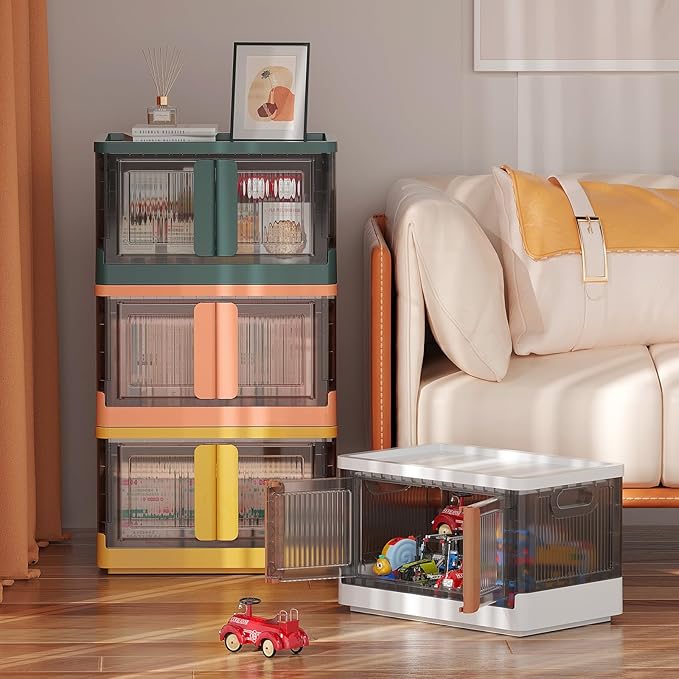 HAIXIN Plastic Storage Containers, Stackable Closet Organizers and Storage, Folding Bookshelf for Bedroom, 8.4 Gal Collapsible Laundry Organizer, 4 Pack