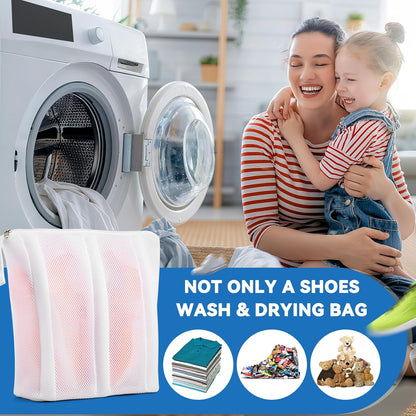 2-in-1 Shoe Dry Bag for Sneaker Dry & Wash, Dual-zone Mesh Sneaker Dryer Bag with Elastic Straps, Door Shoe Laundry Bag for Washer & Dryer, Shoes Cleaning Thickened Mesh Bag for Home Travel Essentials