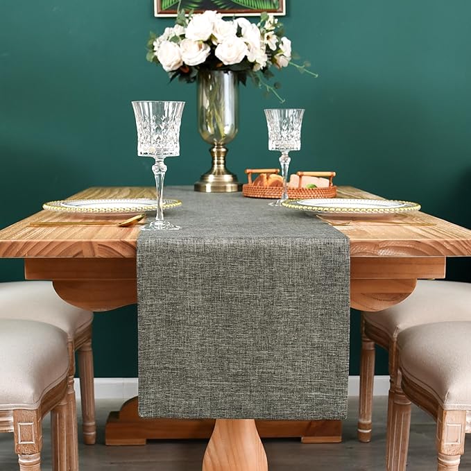 NEWISHER Farmhouse Rustic Table Runner Dark Grey Rectangular Table Runners Faux Linen Table Runner for Everyday Use Kitchen Dining Party Table 13x60 Inch