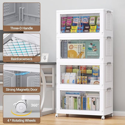 BROVIEW 324 Qt Plastic Storage Bins with Lid, Doors & Wheels, 3Pack Extra Large Stackable Collapsible Storage Bins, Closet Organizers and Storage Drawer, Foldable Cabinets for Home Office, White