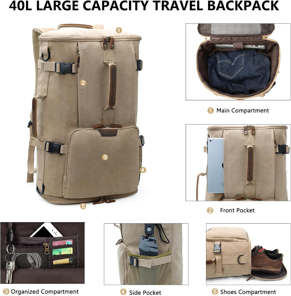 G-FAVOR 40L Travel Backpack, Vintage Canvas Rucksack Convertible Duffel Bag Carry On Backpack Fit for 17.3 Inch Laptop Bag