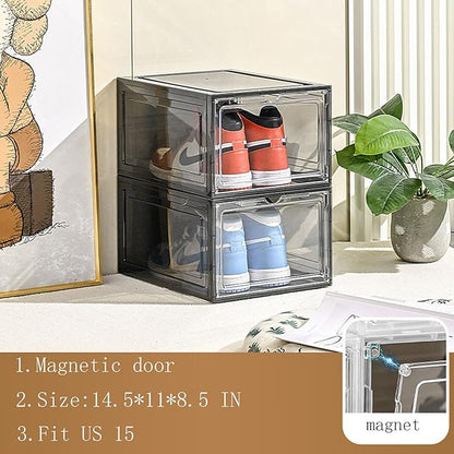 XXL Drop Front Shoe Storage Box Stackable, 8 Pack Shoe Display Case Fit US 15,Sneaker Storage Shoe Containers with Magnetic Door（8 PACK BLACK