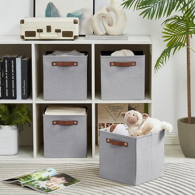 Collapsible Fabric Storage Cube Bins with 2 Reinforced PU Handles, Foldable Storage Organizer Baskets for Closet, Shelves, Living Room | 11"x11"x11", 4 Pack, Full Gray