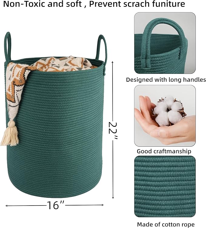Cotton Rope Laundry Basket Hamper for Clothes Woven Storage Basket for Living Room Bedroom Boho Tall Rope Baskets for Blanket Toys Pillow Towels Baby Nursery Hamper Bin Large dark green