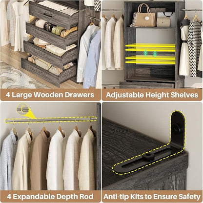 Aheaplus Closet System, 4-9 Ft Closet Organizer with 4 Wooden Drawers, Wood Closet Organizer System with Tower, Walk-in Closet Organizer Wardrobe Clothes Rack with 4 Hanging Rods, Black Oak