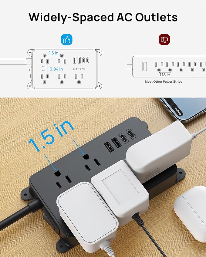 TROND Surge Protector Power Strip with USB, 10ft Extension Cord, ETL Listed, 5 Widely-Spaced Outlets with 4 USB Ports, 1300J, Low-Profile Flat Plug, Wall Mountable, 14AWG Heavy Duty, Black