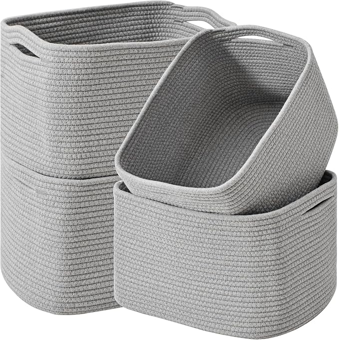 Storage Baskets for Organizing & Shelves, Woven Cotton Rope Organization Bins for Dog Toys, Clothes, Books, Nursery Organizer, 15" Lx11 Wx9.5 H, (4 Packs) Grey
