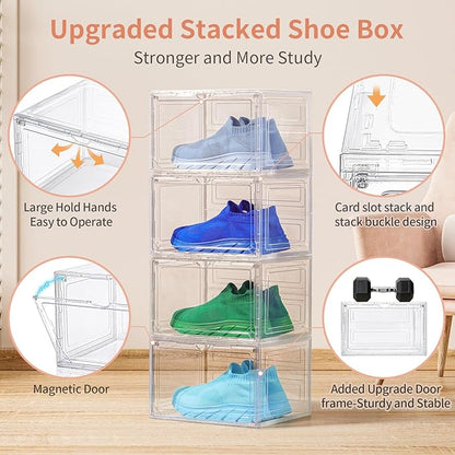 12 Pack Clear Shoe Boxes Stackable,Large Shoe Storage Organizer with Magnetic Door,Drop Side Shoe Containers for Entryway,Sneaker Storage Fit up to US Size 12 for Men/Women