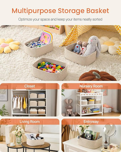Small Woven Basket, 13.5 x 9.5 x 5 Inches, Storage Basket for Organizing, Cute Small Rope Shelf Closet Cube Storage Bins Baskets for Shelves, Dog Toy Gift Baskets Empty, 3 Pack Brown