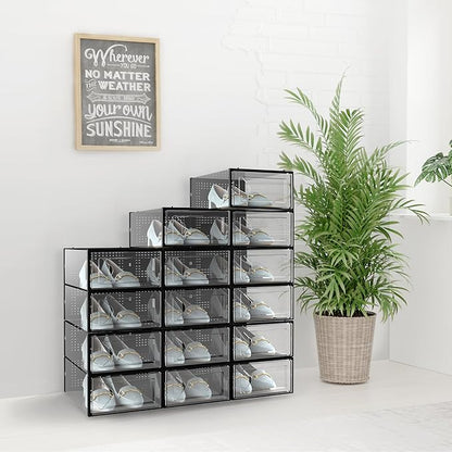 Kuject 15 Pack Shoe Storage Boxes, Clear Plastic Stackable Shoe Organizer for Closet, Connect Left and Right Shoe Boxes Case Container Bin for Entryway, Drop Front, Fit for Size 10(Black)