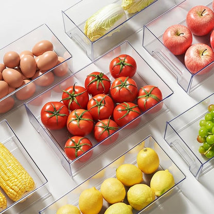 PeJeyiee 4 Pack Clear Stackable Refrigerator Organizers and Storage Drawers - Pull-Out Fridge Bins with Anti-Slip Base & Easy Clean, Plastic Organizers for Kitchen Pantry Cabinet Closet (Large)
