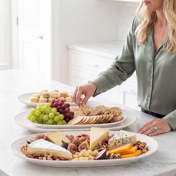Oval Serving Platter, Embossed White Serving Plates, Stackable Porcelain Tray