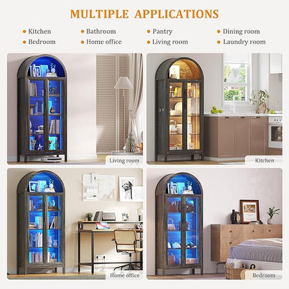 Arched Kitchen Pantry Cabinet with Glass Doors, Display Curio Case with 3 Color LED Lights for Collectibles, Modern 5-Tier Storage Hutch Cabinet Brown