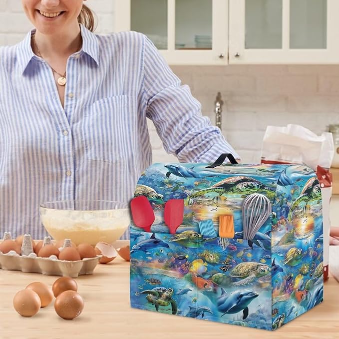 Ocean Dolphin Turtle Print Mixer Cover Stand Mixer Dust Proof Covers with Handle and Front Pockets Kitchen Aid Mixer Cover for 6-8 Qt Mixer,Kitchen Coffee Maker Toaster Machine Dust Cover