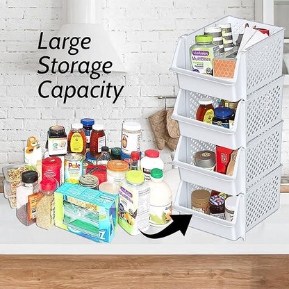 TidyFriend Plastic Stackable Storage Bins for Pantry - 12 Pack Stackable Bins for Organizing Food, Kitchen, and Bathroom Essentials (White)