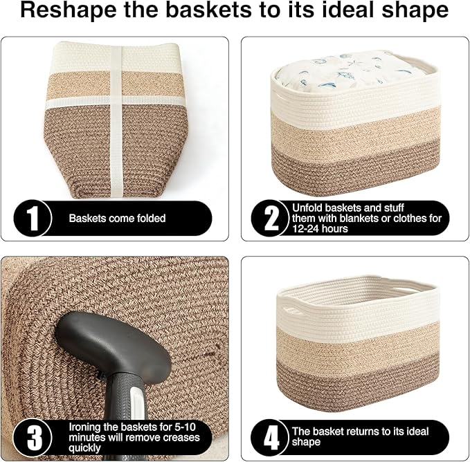 Storage Baskets for Organizing & Shelves, Woven Cotton Rope Organization Bins for Dog Toys, Clothes, Books, Nursery Organizer, 15"Lx11"Wx9.5"H, (4 Packs) Gradient Brown