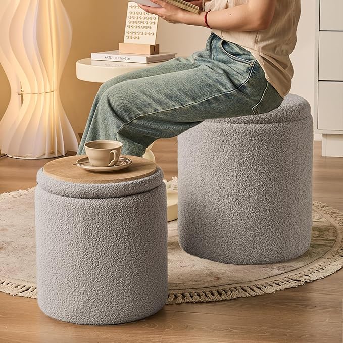 Round Ottoman with Storage Set of 2-Upholstered Sherpa Vanity Stool for Makeup Multifunctional Ottomans Coffee Table Padded Seat Foot Rest for Living Room&Bedroom(Sherpa Gray)