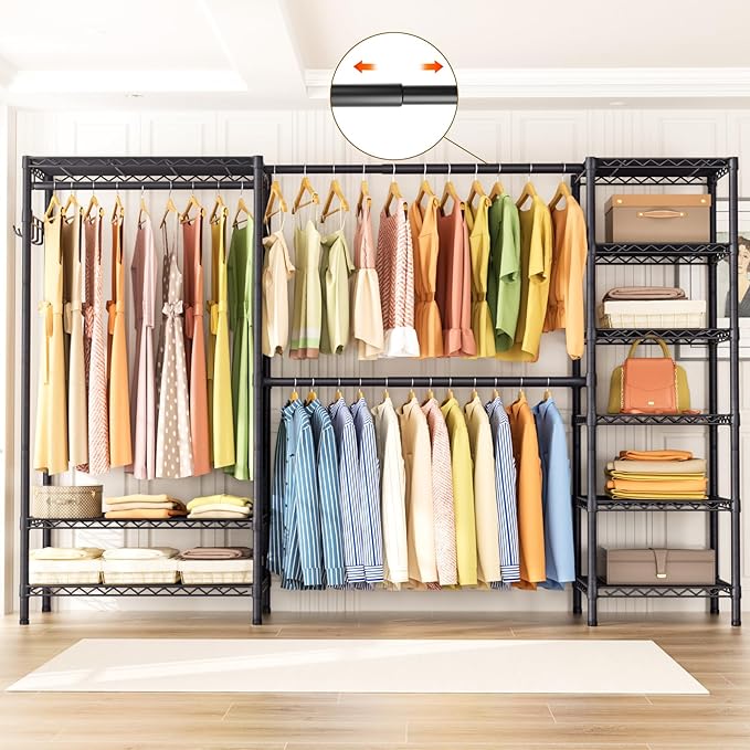 Expandable Heavy Duty Garment Rack Clothes Rack,Large Metal Closet Organizer System Storage Wardrobe,Freestanding Clothing Rack with 9 Adjustable Wire Shelves&3 Hang Rods,MaxLoad 1500lbs