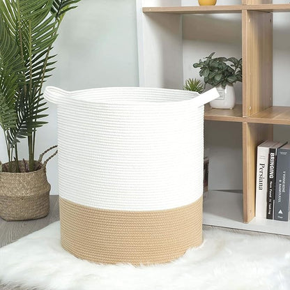 MINTWOOD Design 83L Extra Large 20x18in Decorative Woven Cotton Rope Blanket Basket with Handles, Tall Laundry Hamper for Living Room, Round Storage for Pillows, Towels, Shoes, Beige