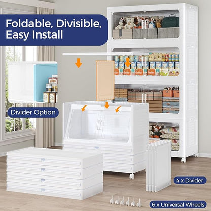 120GAL Extra Large Storage Bins with Lid, 480Qt Stackable Closet Organizers and Drawers, Collapsible Storage Bins with Wheels, Folding Storages Cabinet for Home Bedroom Office, 3Pack White