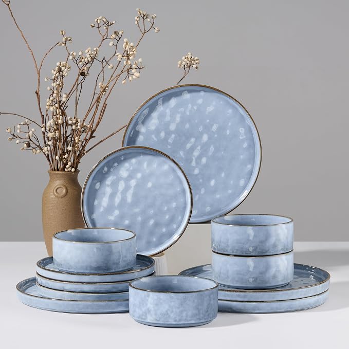 HaWare Dinnerware Sets, 12-Piece Plates and Bowls Set, Reactive Blue |