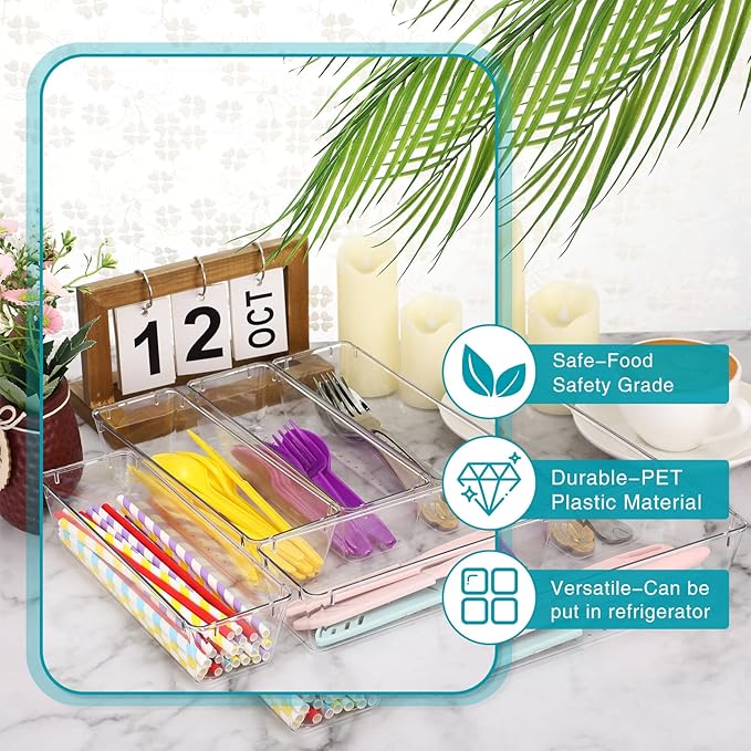 Maitys 12 Pcs Vanity Drawer Organizer 9 x 3 x 2 Inches Clear Plastic Utensil Organizers Kitchen Drawers Dividers for Office Desk Silverware Kitchen Utensils Cosmetics and Bathrooms(Clear)