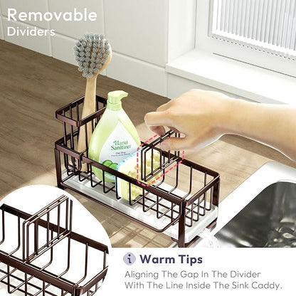 SWTYMIKI Sponge Holder for Kitchen Sink - Sink Caddy with Brush Holder Self-draining Sponge Caddy Organizer with Divider Stainless Steel Kitchen Accessories Storage for Countertop, Bronze