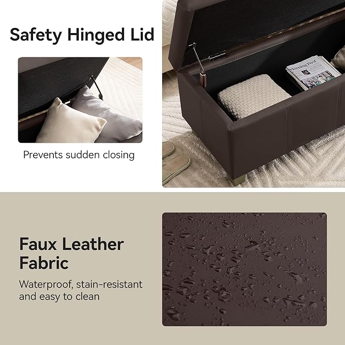 41" Faux Leather Storage Ottoman, Stitch Tufted Rectangle Upholstered End of Bed Storage Bench, Entryway Large Couch Ottoman with Wooden Legs,Brown