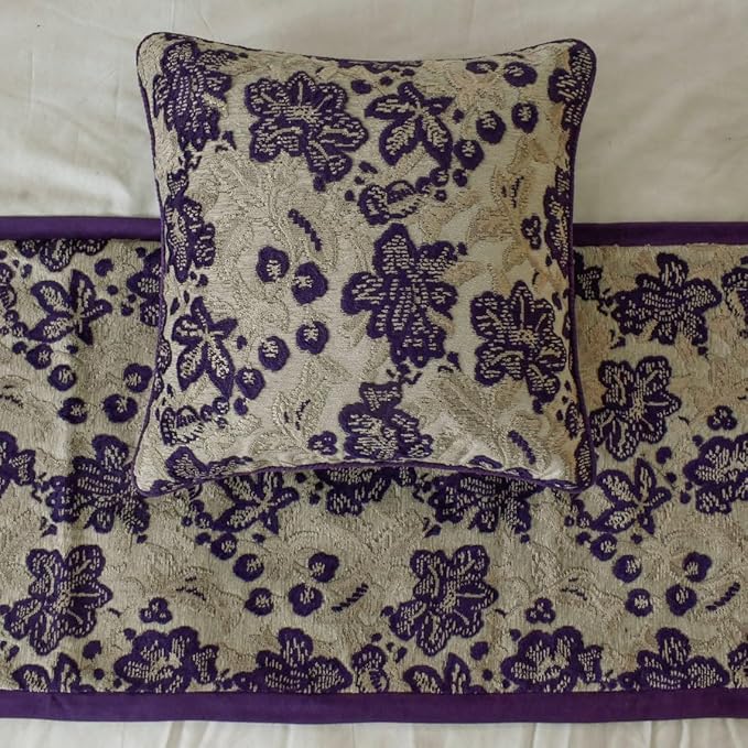 The HomeCentric King/Queen/Twin Purple Decorative Full 68"x18" Bed Runner with 2 Pillow Cover, Floral, Velvet Bed Scarf on Velvet Fabric - Plum Petal