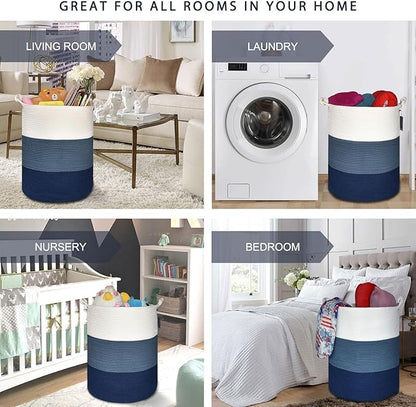 COMSE Extra Large Blanket Basket, Tall Woven Storage Basket, Nursery Hamper, 15.7”x 21.7”, Cotton Rope Laundry Hamper for Toys Clothes Towels, White/Cadet Blue/Navy Blue