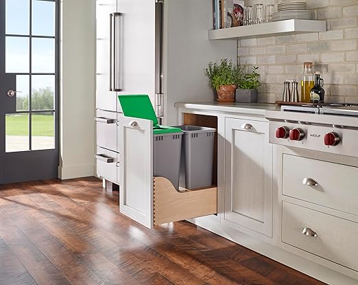 Rev-A-Shelf Pullout Trash Cans for Kitchen Cabinet, Dual 50 Qt Bins with 18" Wood Frame - Large Garbage Bin Containers for Home Waste Storage and Recycling