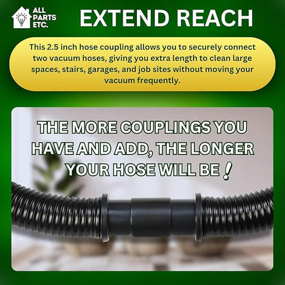 2.5" Vacuum Hose Coupling Connector – Wet Dry Vac Hose Adapter Compatible with Shop Vac, Craftsman & More– Extend Vacuum Reach by Joining 2 Hoses