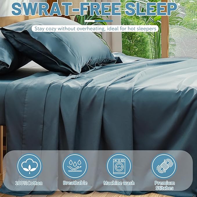 Extra Deep Pocket California King Sheets 18-24 Inch 100% Egyptian Cotton 1000 Thread Count Sateen Weave Soft Breathable 4 Pieces（California King,Lake Blue）