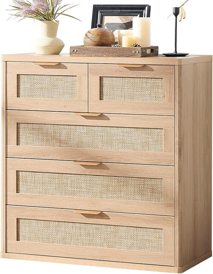 LEYAOYAO Rattan Dresser for Bedroom, 33.5" Tall Chest of Drawers, Modern 5 Drawers Boho Dressers with Storage, Light Oak Dresser Wooden Closet Organizer for Living Room, Hallway, Natural Wood