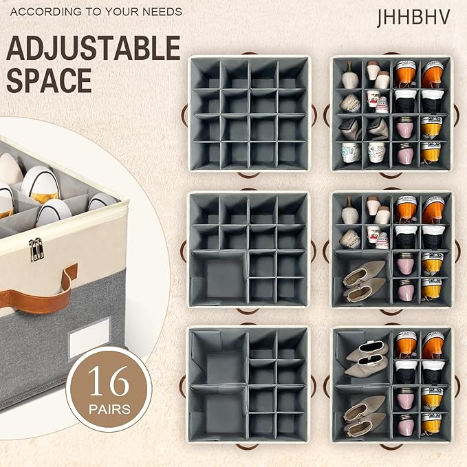 1 Pack Shoe Organizer for Closet, Adjustable Shoe Box Storage Containers, Large Foldable Shoe Bins with Clear Cover, Space Saving Shoes Holder with 4 Handles, Fits 8-16 Pairs, Beige