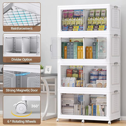 BROVIEW 800 Qt Plastic Storage Bins with Lid, Doors & Wheels, 4Pack Extra Large Stackable Collapsible Storage Bins, Closet Organizers and Storage Drawer, Foldable Cabinets for Home Office, White
