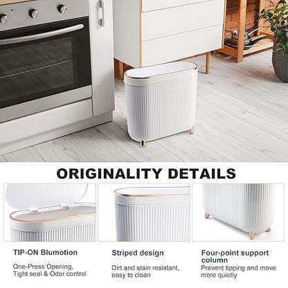 Bathroom Trash Can with Lid 3.2 Gallon Narrow Trash Can Small Plastic Trash Bin 12 Liter Rectangular Plastic Garbage Can with Press Type Lid for Bedroom Bathroom Milk White