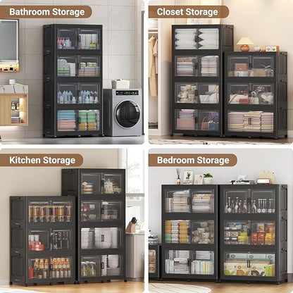 BROVIEW 52.7"H 150Gal Plastic Storage Bins with Lid & Wheels,3Pack Extra Large Stackable Storage Bins with Dividers,Closet Organizers and Storage Cabinet Collapsible Box Shelves for Home Kitchen,Black