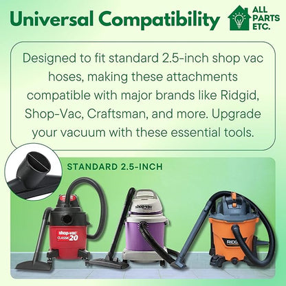 2 1/2 inch Attachments & Accessories 2.5 Wet Dry Vac - Extension Wands, Floor Brush, Dust Brush, Crevice Tool, Utility Nozzle, Compatible with Shop Vac - 6-Pack Attachments