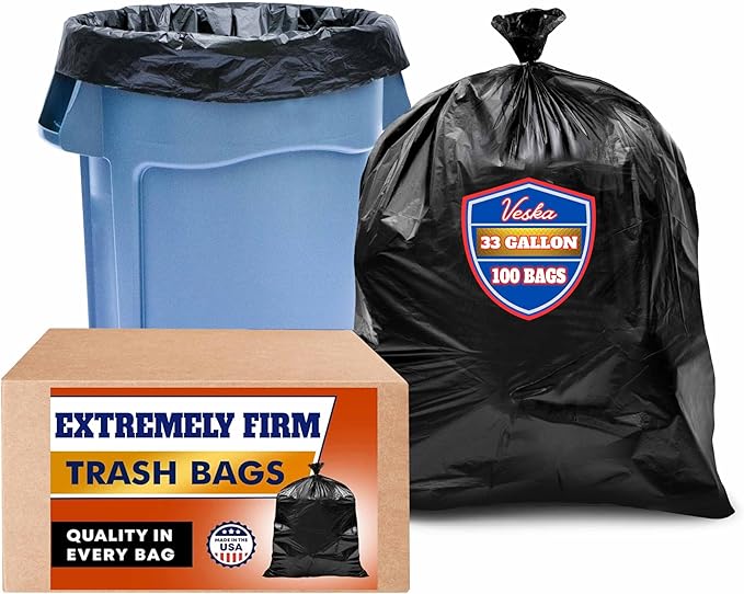 Veska 33 Gallon Trash Bags, (Huge 100 Bags w/Ties) Large Black Garbage Bags 30 Gallon, 32 Gallon, 35 Gallon Trash Can Liners