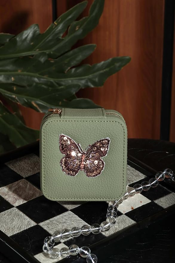 S.Leaf Travel Jewelry Organizer Travel Jewelry Boxes for Women Small Jewelry Travel Case Box Portable Travel Jewelry Case Travel Case Mini Jewelry (03_Lychee_Butterfly_Brown)