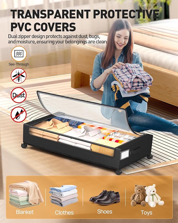 Under Bed Storage with Wheels, Square Under Bed Storage Containers, 4 Pack Under The Bed Storage Bins, 60L Under Organizer with Clear Lids, Rolling Underbed Storage For Clothes, Shoes...