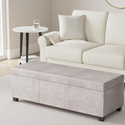 SIMPLIHOME Avalon 48 inch Wide Contemporary Rectangle Storage Ottoman Bench in Distressed Grey Taupe Vegan Faux Leather, Assembled, for the Living Room, Entryway and Family Room