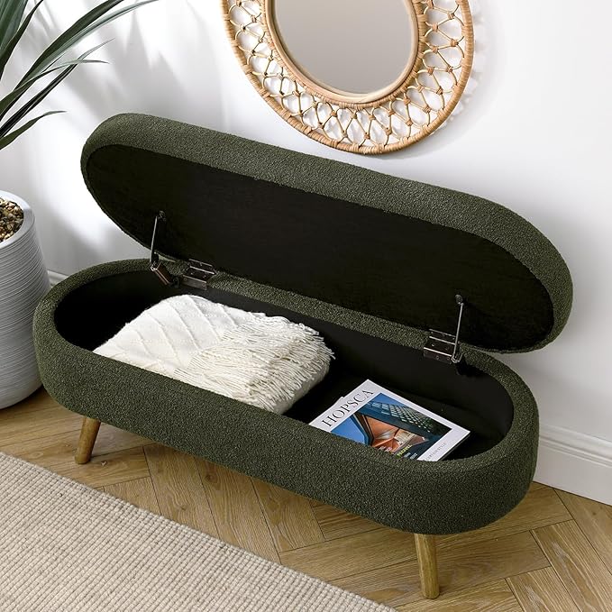 Furnimart 43.5" Queen Size Storage Bedroom Bench for End of Bed, Faux Linen Upholstered Storage Ottoman with Solid Wood Leg for Bedroom,Living Room, Entryway, Beige