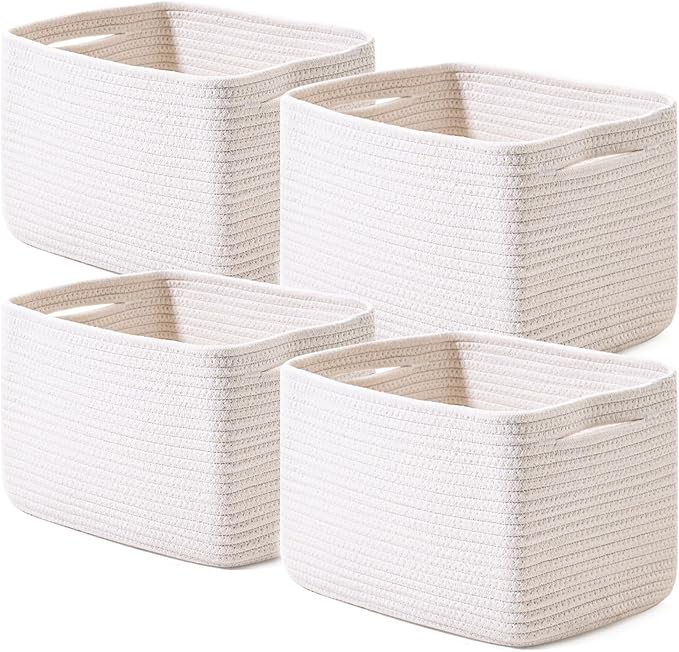 Storage Baskets for Organizing, Woven Basket for Storage, Storage Baskets Bin for Shelves, Cotton Rope Basket with Handles, 12.5"Lx9.1"Wx7.9"H, (4 Packs) Off White