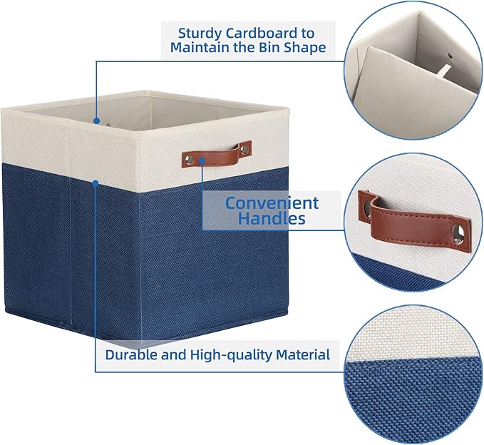 Temary Fabric Storage Bins for Cube Organizer 4 Pack Cube Storage Bins 13 Storage Cubes for Shelves Storage Baskets for Organizing Books, Clothes, Towels (White & Blue, 13x13x13 Inch)